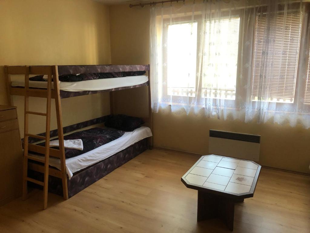 Pohled na patrové postele a obytnou část apartmánu v Rokytnici